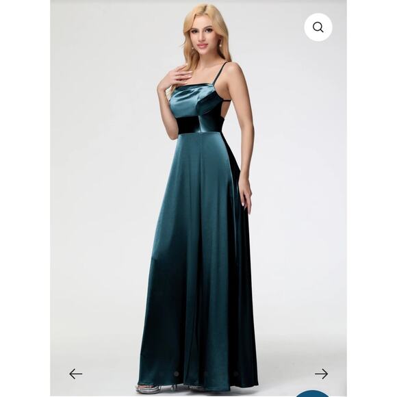 Cicinia Satin Formal Maxi Dress Prom XS Teal Elegant Spaghetti Strap NEED REPAIR - Picture 2 of 16